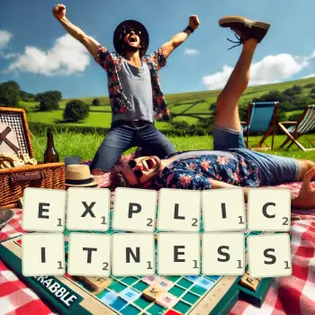 Creative illustration for a Scrabble game with the word EXPLICITNESS spelled out in tiles on the board.