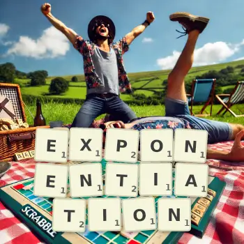 Creative illustration for a Scrabble game with the word EXPONENTIATION spelled out in tiles on the board.