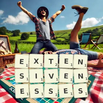 Creative illustration for a Scrabble game with the word EXTENSIVENESSES spelled out in tiles on the board.