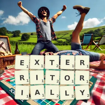 Creative illustration for a Scrabble game with the word EXTERRITORIALLY spelled out in tiles on the board.