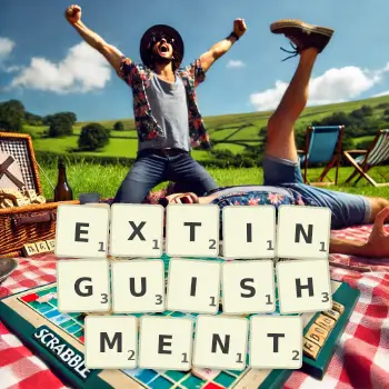Creative illustration for a Scrabble game with the word EXTINGUISHMENT spelled out in tiles on the board.