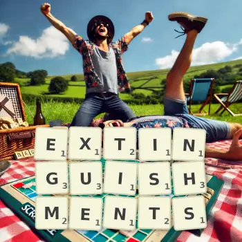Creative illustration for a Scrabble game with the word EXTINGUISHMENTS spelled out in tiles on the board.