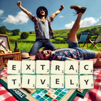 Creative illustration for a Scrabble game with the word EXTRACTIVELY spelled out in tiles on the board.