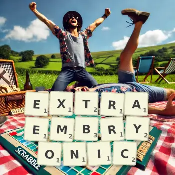 Creative illustration for a Scrabble game with the word EXTRAEMBRYONIC spelled out in tiles on the board.