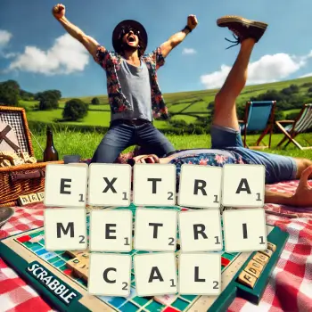 Creative illustration for a Scrabble game with the word EXTRAMETRICAL spelled out in tiles on the board.