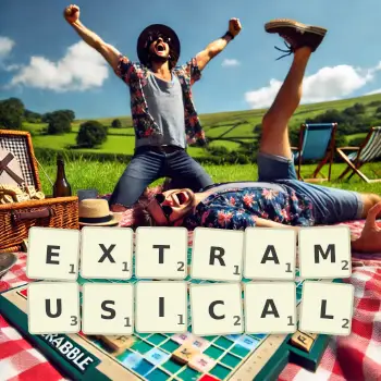 Creative illustration for a Scrabble game with the word EXTRAMUSICAL spelled out in tiles on the board.
