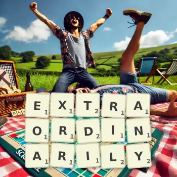 Creative illustration for a Scrabble game with the word EXTRAORDINARILY spelled out in tiles on the board.
