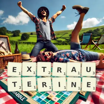 Creative illustration for a Scrabble game with the word EXTRAUTERINE spelled out in tiles on the board.