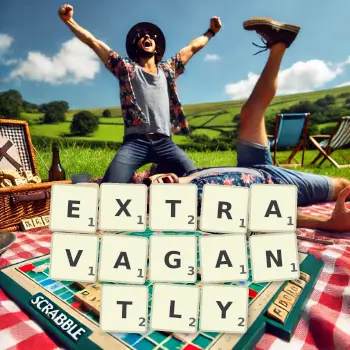 Creative illustration for a Scrabble game with the word EXTRAVAGANTLY spelled out in tiles on the board.