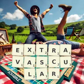 Creative illustration for a Scrabble game with the word EXTRAVASCULAR spelled out in tiles on the board.