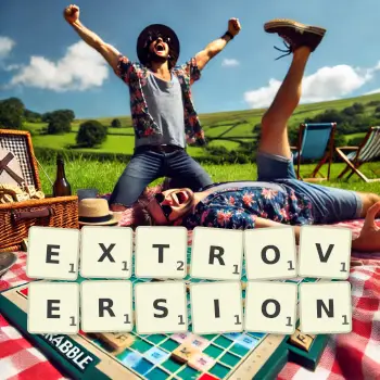 Creative illustration for a Scrabble game with the word EXTROVERSION spelled out in tiles on the board.