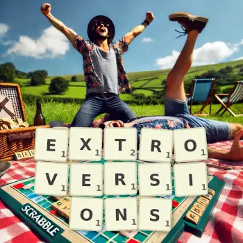 Creative illustration for a Scrabble game with the word EXTROVERSIONS spelled out in tiles on the board.