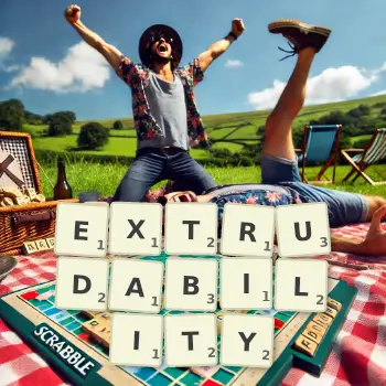 Creative illustration for a Scrabble game with the word EXTRUDABILITY spelled out in tiles on the board.