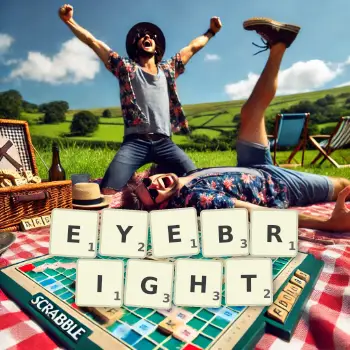Creative illustration for a Scrabble game with the word EYEBRIGHT spelled out in tiles on the board.