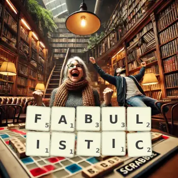 Creative illustration for a Scrabble game with the word FABULISTIC spelled out in tiles on the board.