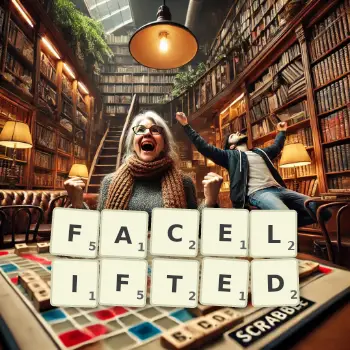 Creative illustration for a Scrabble game with the word FACELIFTED spelled out in tiles on the board.