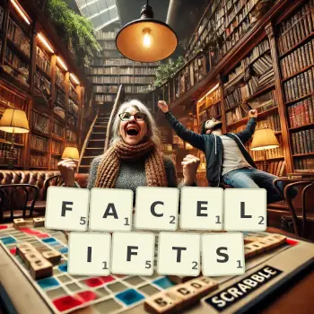 Creative illustration for a Scrabble game with the word FACELIFTS spelled out in tiles on the board.