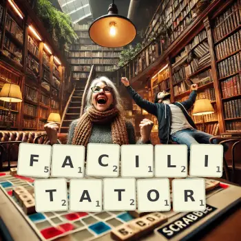 Creative illustration for a Scrabble game with the word FACILITATOR spelled out in tiles on the board.