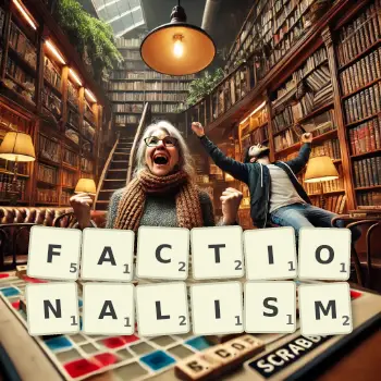 Creative illustration for a Scrabble game with the word FACTIONALISM spelled out in tiles on the board.