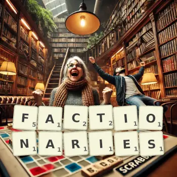 Creative illustration for a Scrabble game with the word FACTIONARIES spelled out in tiles on the board.