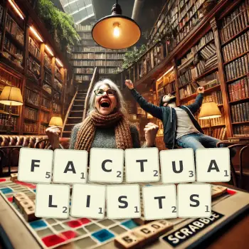Creative illustration for a Scrabble game with the word FACTUALISTS spelled out in tiles on the board.