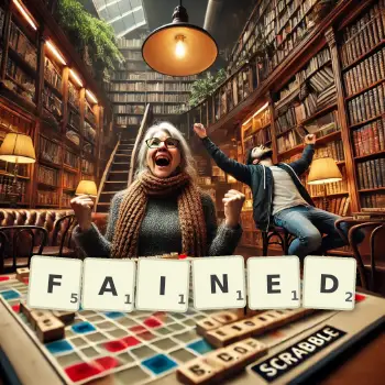 Creative illustration for a Scrabble game with the word FAINED spelled out in tiles on the board.