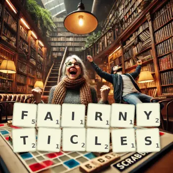 Creative illustration for a Scrabble game with the word FAIRNYTICLES spelled out in tiles on the board.