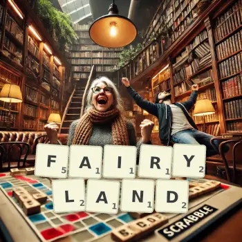 Creative illustration for a Scrabble game with the word FAIRYLAND spelled out in tiles on the board.