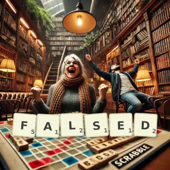 Creative illustration for a Scrabble game with the word FALSED spelled out in tiles on the board.