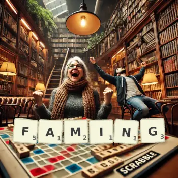 Creative illustration for a Scrabble game with the word FAMING spelled out in tiles on the board.