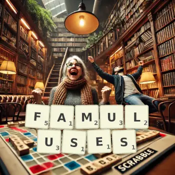 Creative illustration for a Scrabble game with the word FAMULUSES spelled out in tiles on the board.