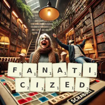 Creative illustration for a Scrabble game with the word FANATICIZED spelled out in tiles on the board.