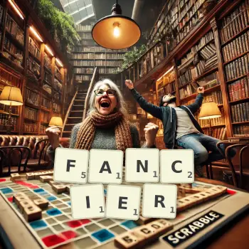 Creative illustration for a Scrabble game with the word FANCIER spelled out in tiles on the board.