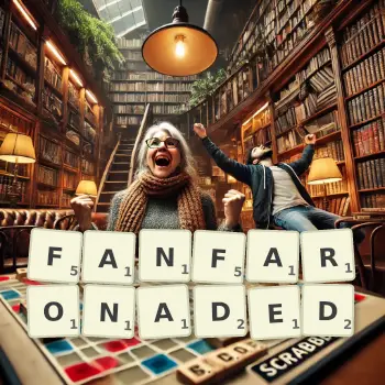 Creative illustration for a Scrabble game with the word FANFARONADED spelled out in tiles on the board.