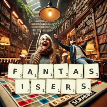 Creative illustration for a Scrabble game with the word FANTASISERS spelled out in tiles on the board.