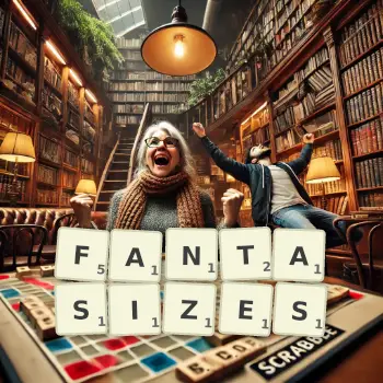 Creative illustration for a Scrabble game with the word FANTASIZES spelled out in tiles on the board.