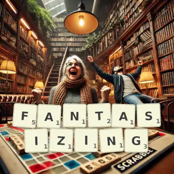Creative illustration for a Scrabble game with the word FANTASIZING spelled out in tiles on the board.