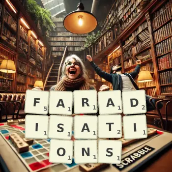 Creative illustration for a Scrabble game with the word FARADISATIONS spelled out in tiles on the board.