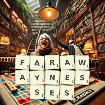 Creative illustration for a Scrabble game with the word FARAWAYNESSES spelled out in tiles on the board.
