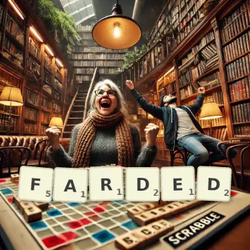 Creative illustration for a Scrabble game with the word FARDED spelled out in tiles on the board.