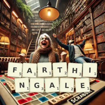 Creative illustration for a Scrabble game with the word FARTHINGALE spelled out in tiles on the board.