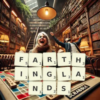 Creative illustration for a Scrabble game with the word FARTHINGLANDS spelled out in tiles on the board.