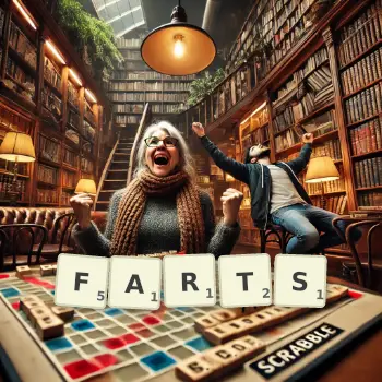 Creative illustration for a Scrabble game with the word FARTS spelled out in tiles on the board.