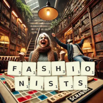 Creative illustration for a Scrabble game with the word FASHIONISTS spelled out in tiles on the board.