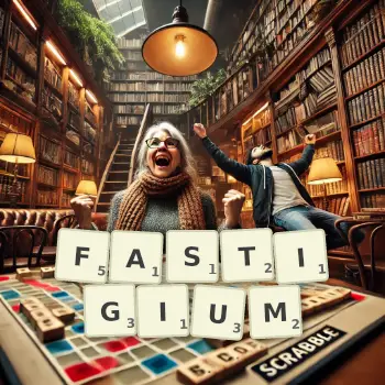 Creative illustration for a Scrabble game with the word FASTIGIUM spelled out in tiles on the board.