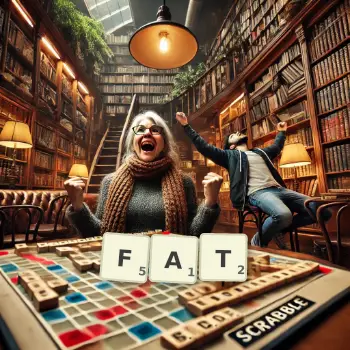 Creative illustration for a Scrabble game with the word FAT spelled out in tiles on the board.