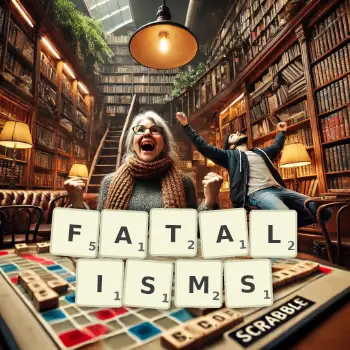 Creative illustration for a Scrabble game with the word FATALISMS spelled out in tiles on the board.