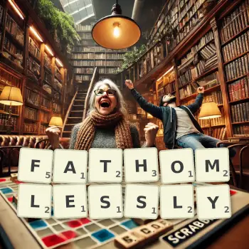 Creative illustration for a Scrabble game with the word FATHOMLESSLY spelled out in tiles on the board.