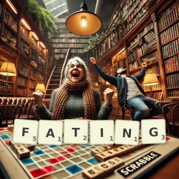 Creative illustration for a Scrabble game with the word FATING spelled out in tiles on the board.