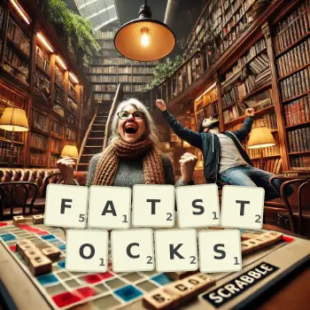 Creative illustration for a Scrabble game with the word FATSTOCKS spelled out in tiles on the board.